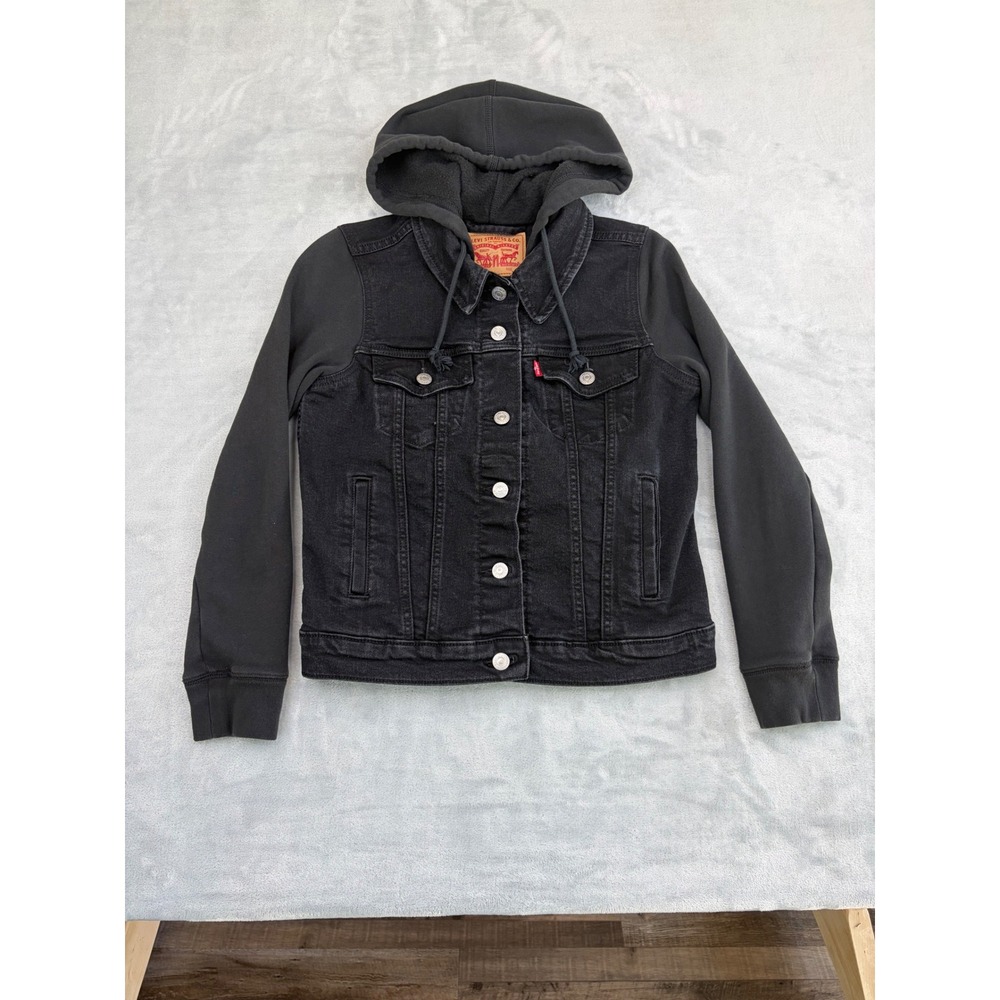 Levis Womens Demin Hybrid Hoodie Trucker Jacket Small Black Grunge Monochrome